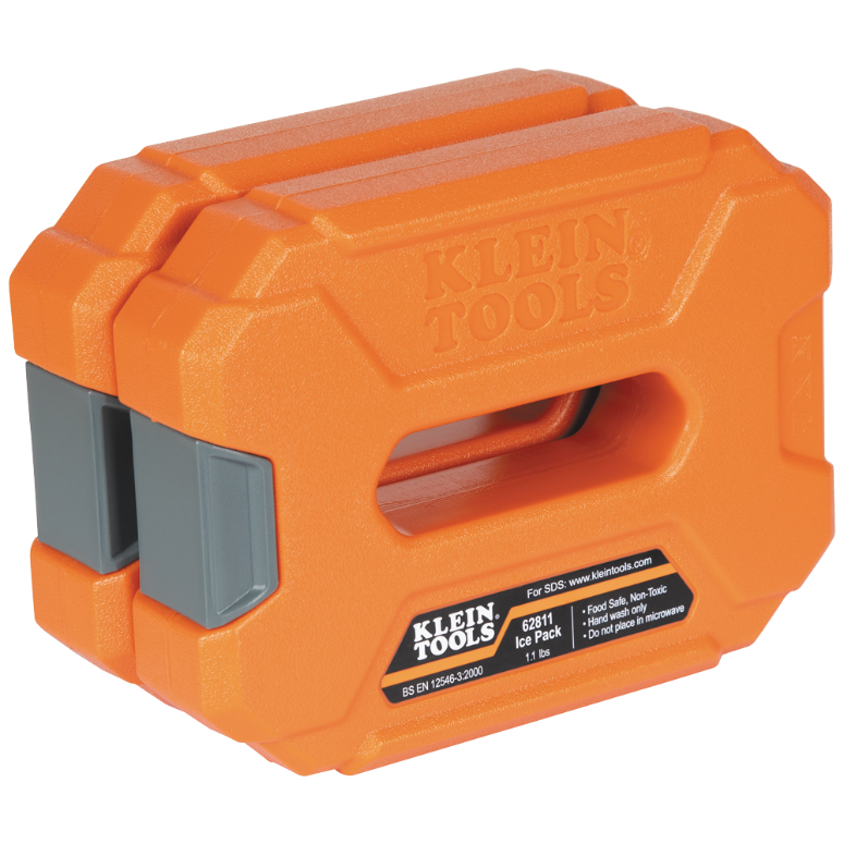 An orange tool box with grey handles</p>
<p>Description automatically generated