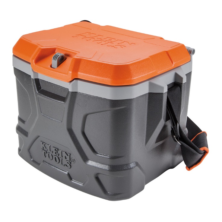 A grey and orange cooler</p>
<p>Description automatically generated