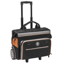 A black and orange bag with wheels</p>
<p>Description automatically generated